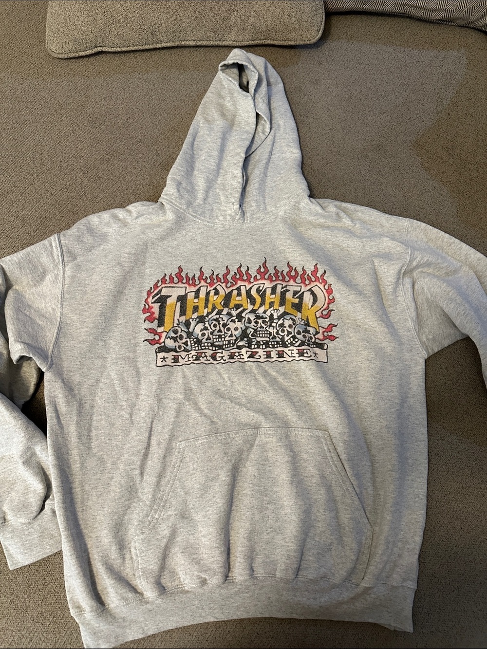 Thrasher Grey Hooded Sweatshirt with Red & Yellow Flame Logo